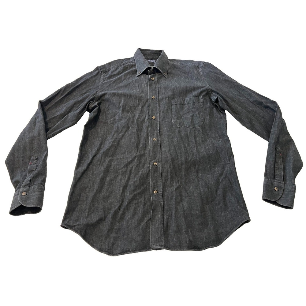 Mazzarelli Blu Dark Denim Button Up Collared Shirt Button Up Mens Medium